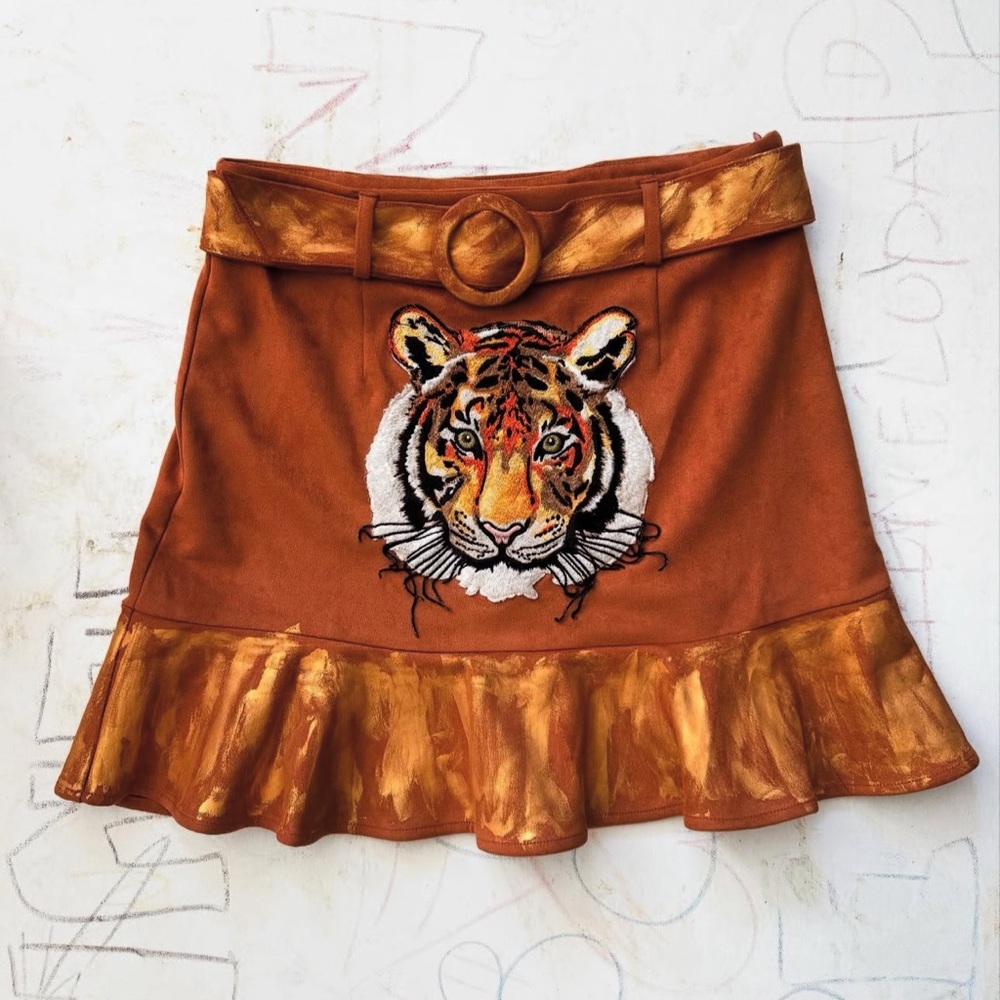 Brown Ruffled Embellished Hand-painted & Patchwork Mini Skirt